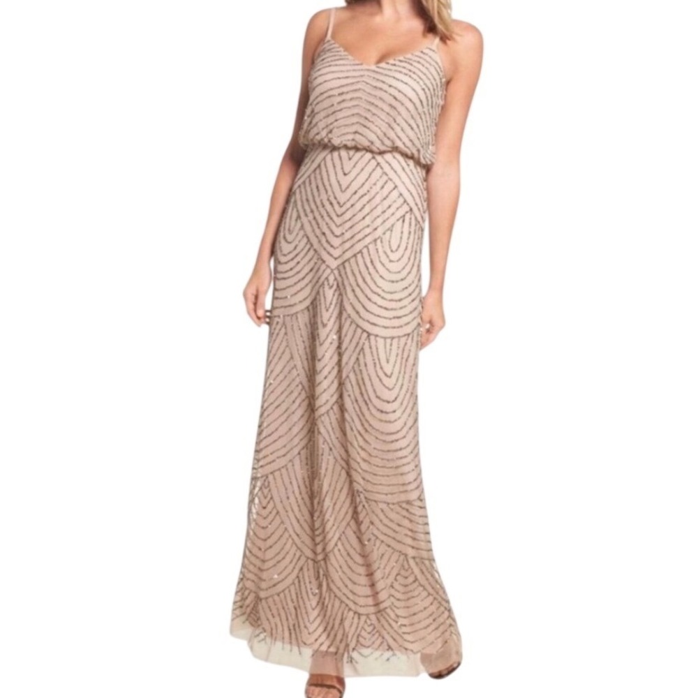 Adrianna Papell Beaded Maxi Gown Art Deco Sequin Blouson Dress Taupe 2P